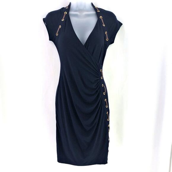 Carmen Marc Valvo Cut & Sew Dress Laced Blue Wrap BodyCon Stretch SMALL - Picture 2 of 7